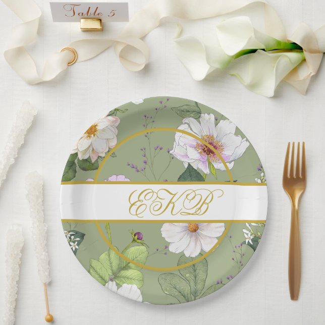 Green Gold Floral Elegant Modern Monogram Pappteller (Hochzeit)