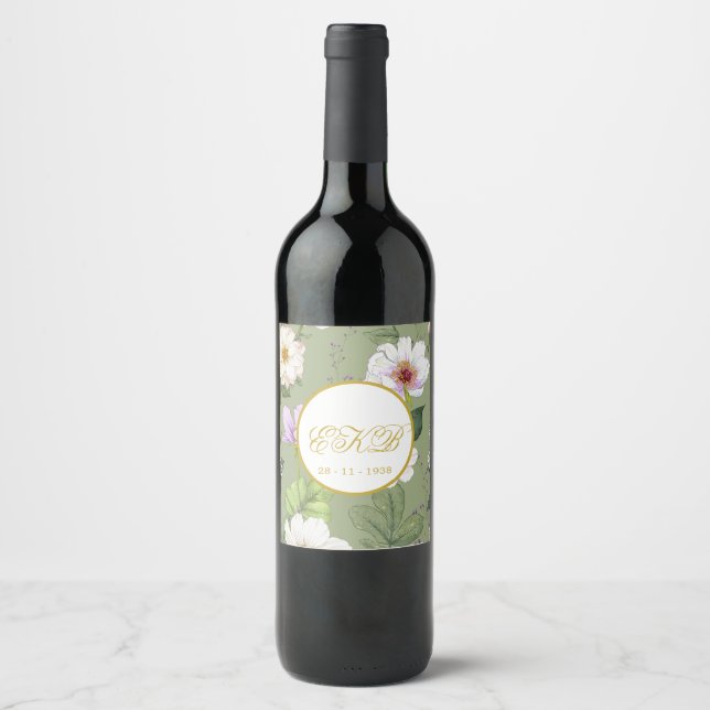 Green Gold Floral Elegant Modernes Monogramm Weinetikett (Vorderseite)