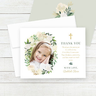 Green Gold Floral First Heilige Kommunion Girl Fot Dankeskarte