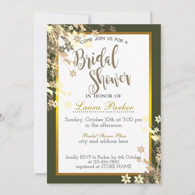 Green Gold Floral Glitzer Brautparty Dekorieren Einladung (Vorderseite)