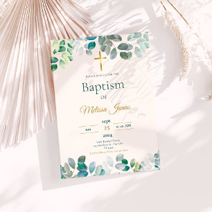 Green Gold Floral Rustic Christening Taufe Einladung