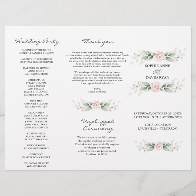 Green Gold Floral Tri+Fold Hochzeitsprogramm (Vorne)