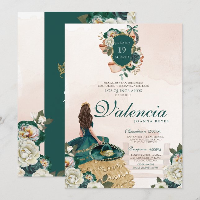 Green Gold Floral Wappen Elegante Charra Quinceane Einladung (Vorne/Hinten)