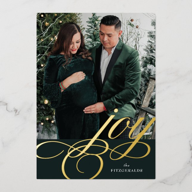 Green/Gold Foil Festive Flourish Joy Carte de vaca (Recto)