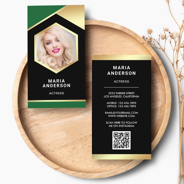 Green Gold Foil Model Acress QR Code Foto Visitenkarte (Von Creator hochgeladen)