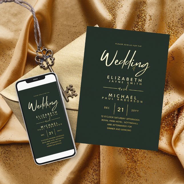 Green Gold Foil Script Elegante Moderne Hochzeit Folieneinladung (Von Creator hochgeladen)