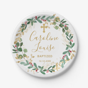 Green Gold Foliage Baby Baptisse Pappteller