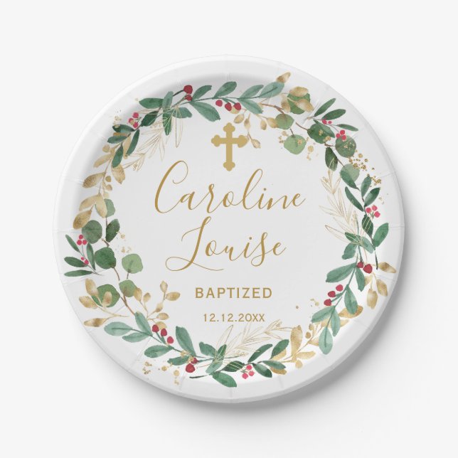 Green Gold Foliage Baby Baptisse Pappteller (Vorderseite)