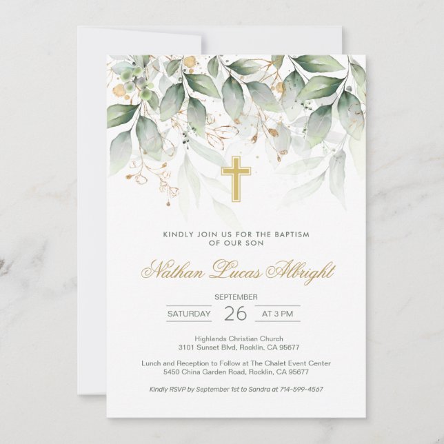 Green Gold Foliage Cross Baby Baptisse Einladung (Vorderseite)