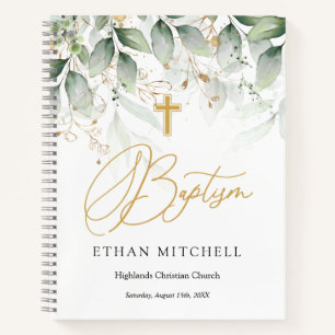 Green Gold Foliage Cross Baby Baptisse Notizbuch