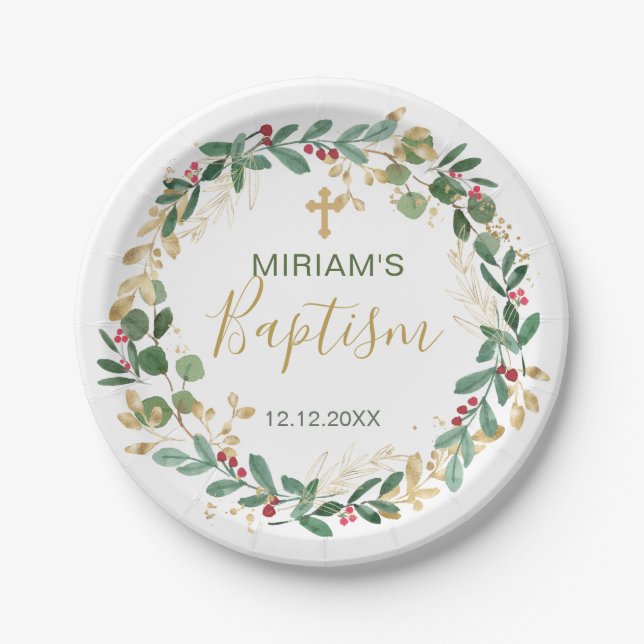 Green Gold Foliage Cross Baptisse Pappteller (Vorderseite)