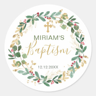 Green Gold Foliage Cross Baptisse Runder Aufkleber