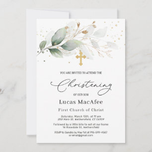 Green Gold Foliage Cross Christening Invitation