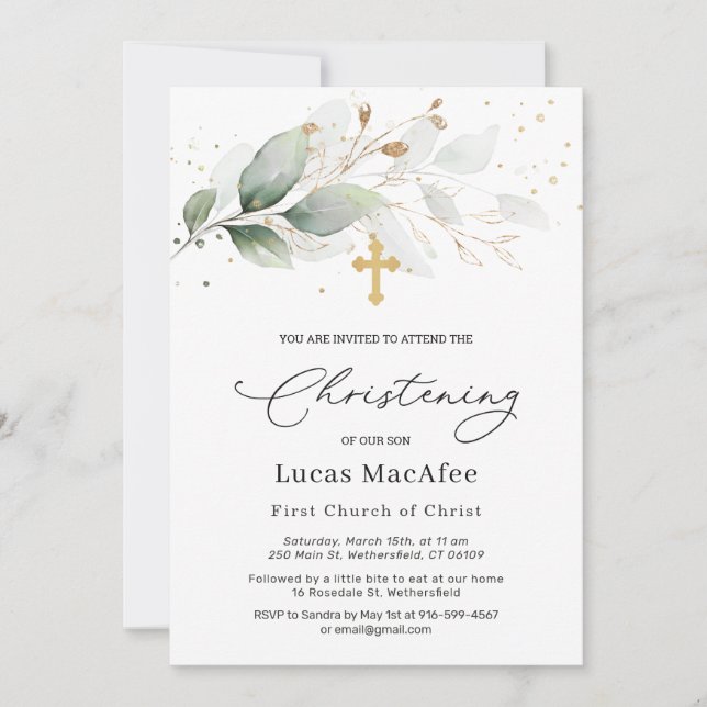 Green Gold Foliage Cross Christening Invitation (Devant)