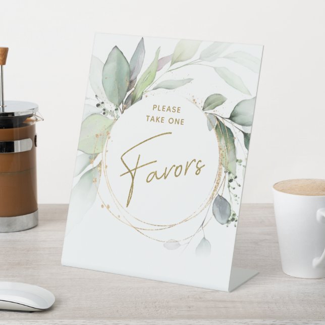 Green Gold Foliage Eukalyptus Favors Table Sign Sockelschild (In SItu)