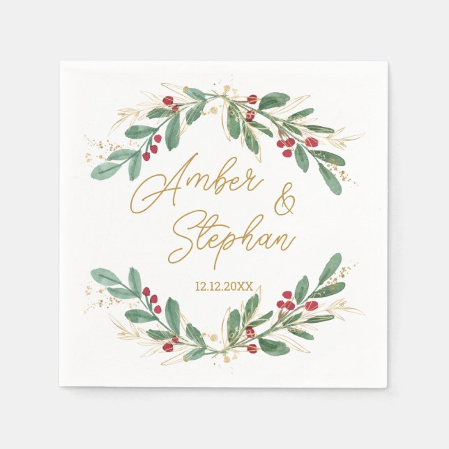 Green Gold Foliage Red Berry Napkins Serviette (Vorderseite)