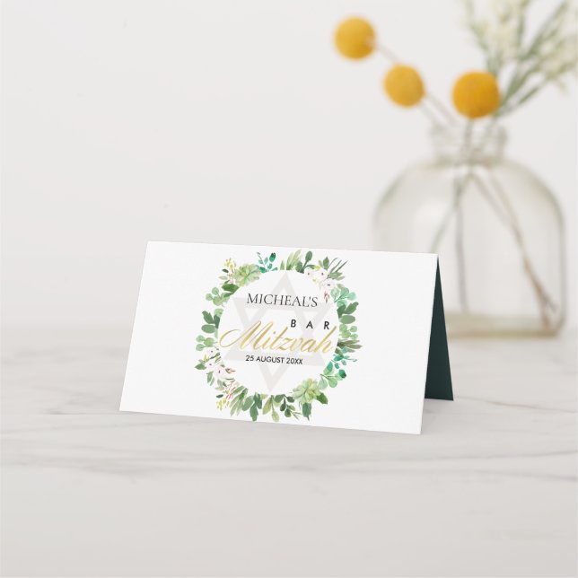GREEN GOLD FOLIAGE WREATH STAR BAR BAT MITZVAH PLATZKARTE (Rückseite)