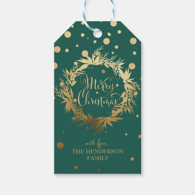 Green Gold Frohe Weihnachten Eukalyptus Wreath Geschenkanhänger (Vorderseite)