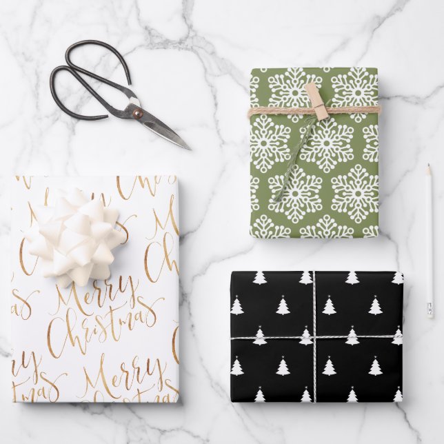 Green Gold Frohe Weihnachtsschneeflocken Weihnacht Geschenkpapier Set (Vorderseite)