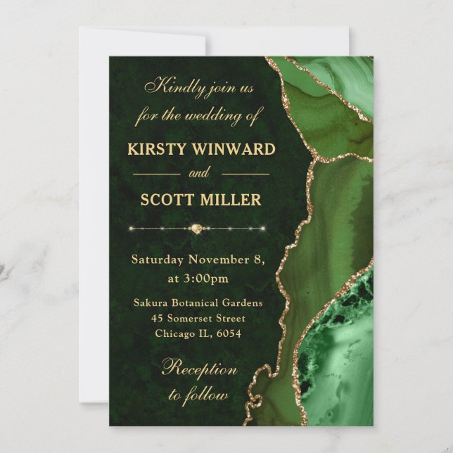 Green & Gold Glitzer Agate und Marmorhochzeit Einladung (Vorderseite)