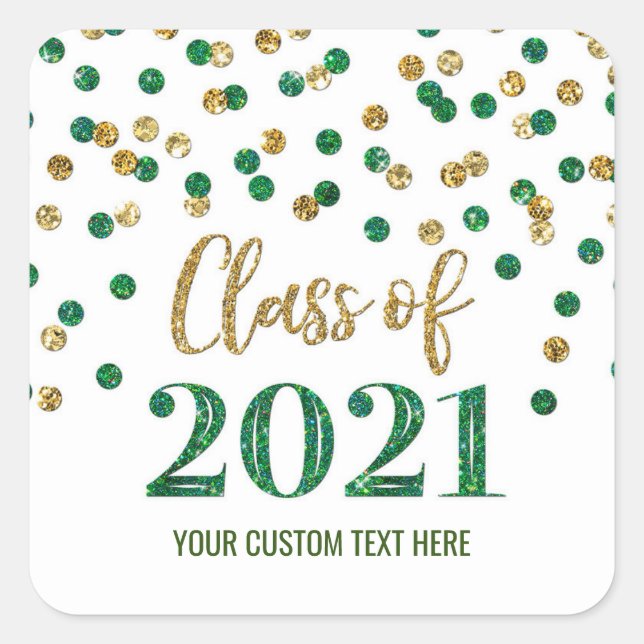 Green Gold Glitzer Confetti Abschluss 2021 Quadratischer Aufkleber (Vorderseite)