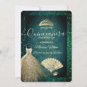Green Gold Glitzer Kleid tiara Fan Quinceañera  Einladung