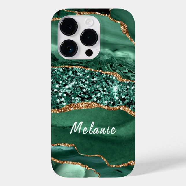 Green Gold Glitzer Marble Individuelle Name iPhone Case-Mate iPhone 14 Pro Hülle (Rückseite)