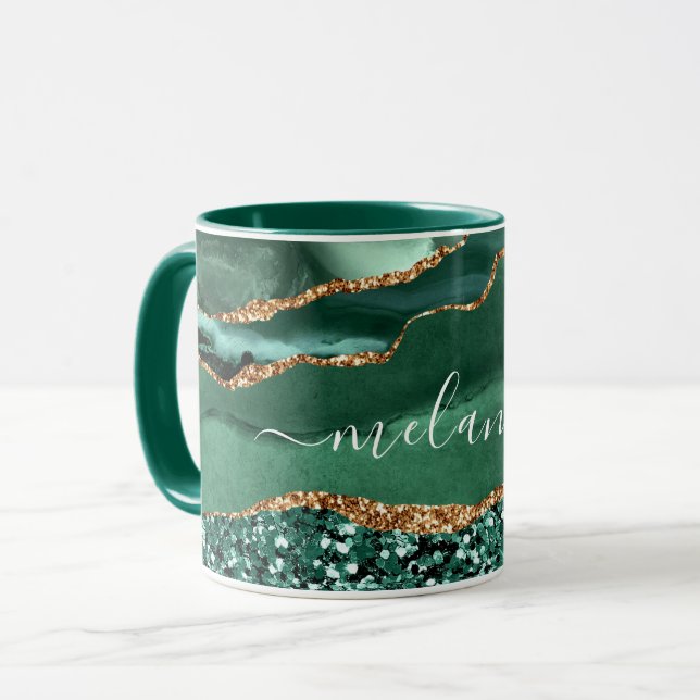 Green Gold Glitzer Marble Individuelle Name Tasse (Vorderseite Links)