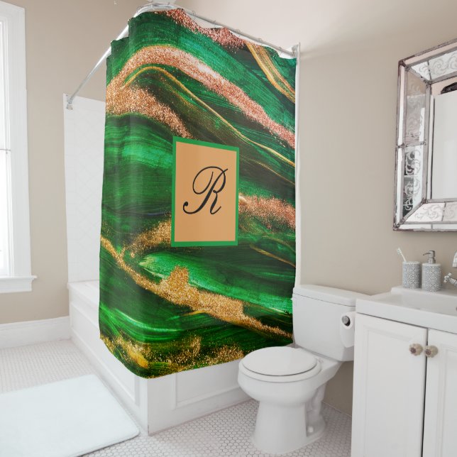 Green Gold Glitzer Marmor Abstrakt Modern Monogram Duschvorhang (Beispiel)
