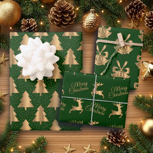 Green Gold Glitzer Weihnachtsglocken und Rentiere Geschenkpapier Set (Von Creator hochgeladen)