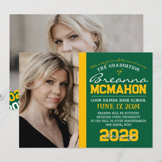 Green & Gold Graduation 2 Faire-part photo (Devant / Derrière)