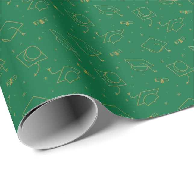Green & Gold Graduation Cap Toss Wrapping Paper Geschenkpapier (Rolleneckpunkt)