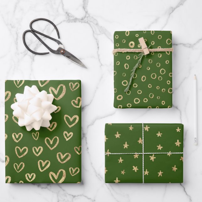 Green Gold Hearts Stars Circles Random Muster Geschenkpapier Set (Vorderseite)