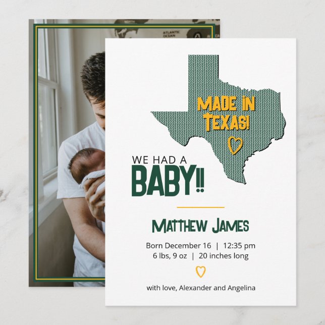 Green/Gold Herringbone Made in Texas Foto Baby Ankündigung (Vorne/Hinten)
