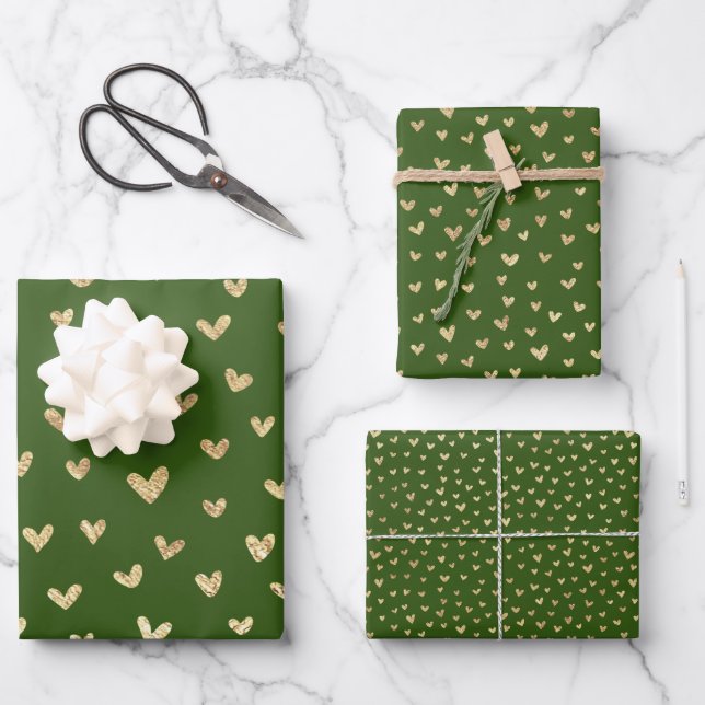 Green Gold Holiday Liebe Herz Muster Geschenkpapier Set (Vorderseite)