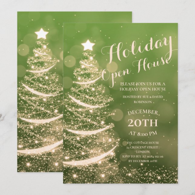 Green & Gold Holiday Open House Party Einladung (Vorne/Hinten)