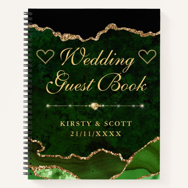 Green & Gold Imitate Glitzer Agate Wedding Gästebu Notizbuch (Vorderseite)