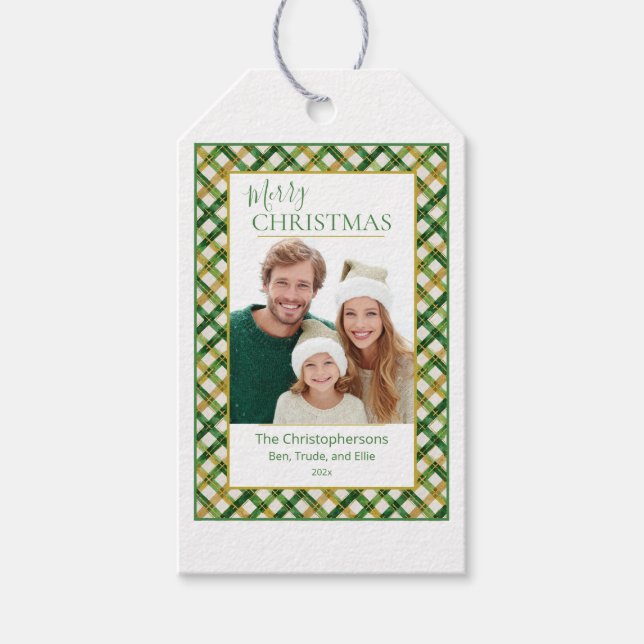 Green Gold Kariert Foto Weihnachten Geschenkanhänger (Vorderseite)