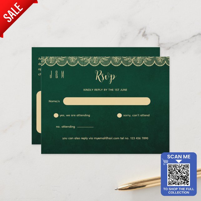 Green Gold Lace Hochzeit RSVP für Match Inv Postkarte (Von Creator hochgeladen)