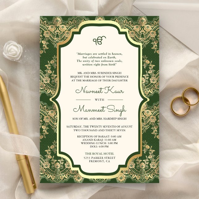 Green Gold Lace QR Code Anand Karaj Sikh Wedding Einladung (Von Creator hochgeladen)