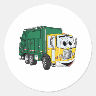Green Gold Lächelnder Garbage Truck Cartoon Runder Aufkleber
