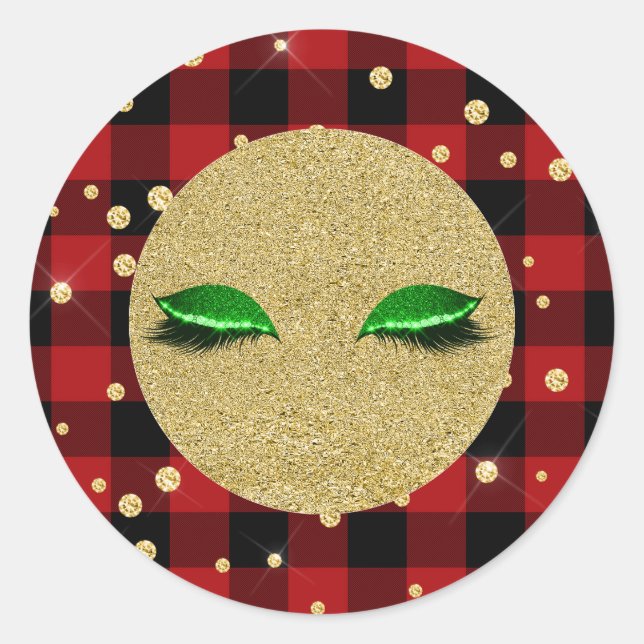 Green Gold Lashes Red Buffalo Kariert Runder Aufkleber (Vorderseite)