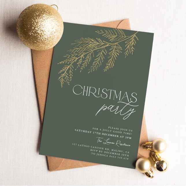 Green Gold Leaf Moderner Weihnachtsfeiertag im Par Einladung (Green and Gold Christmas Party Invitation)