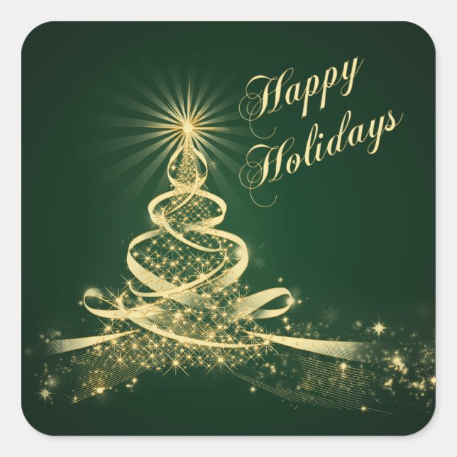 Green, Gold Lighted Tree Happy Holidays Sticker (Vorderseite)