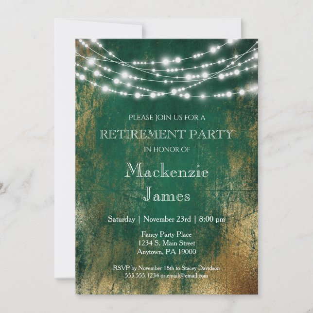Green Gold Lights Retraite Party Invitation (Devant)