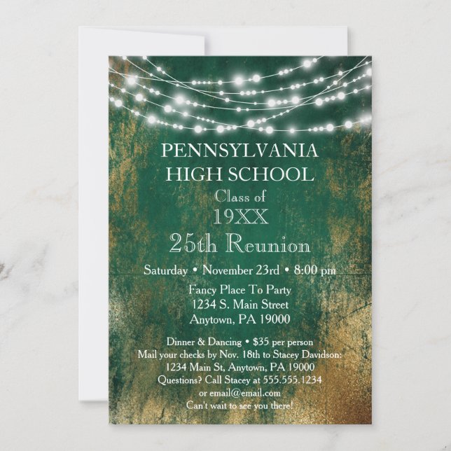 Green Gold Lights School Class Reunion Invitation (Devant)