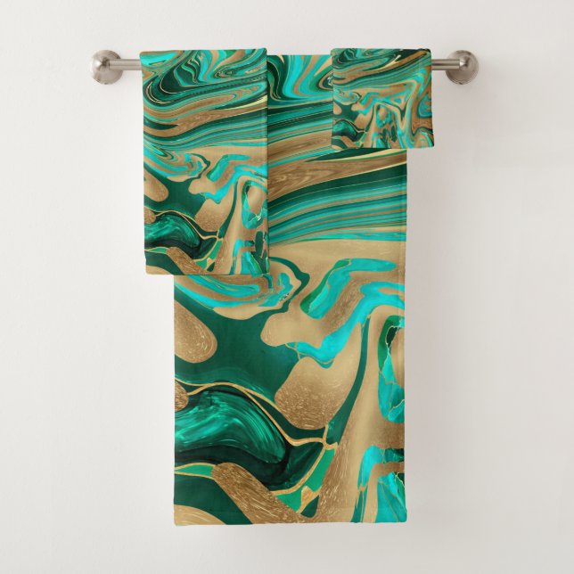 Green & Gold Liquid Marmor Badhandtuch Set (Insitu)