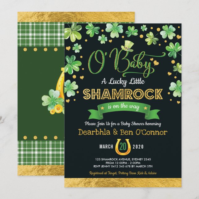 Green Gold Lucky Kleeblatt Babydusche Einladung (Vorne/Hinten)