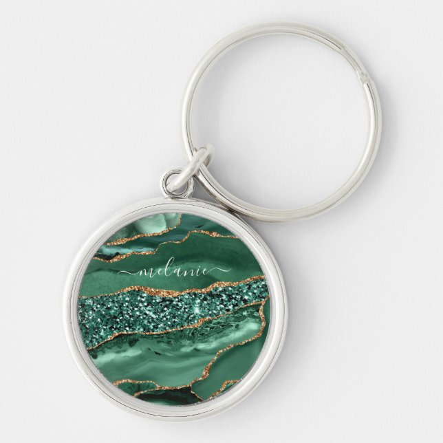 Green Gold Marble Emerald Individuelle Name Schlüs Schlüsselanhänger (Vorne)