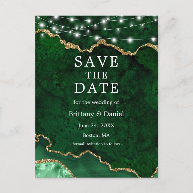 Green Gold Marble Geode Lights Save the Date Ankündigungspostkarte (Vorderseite)